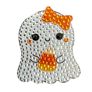 Stickerbeans Gilly ghost rhinestone sticker with orange bow and candy corn