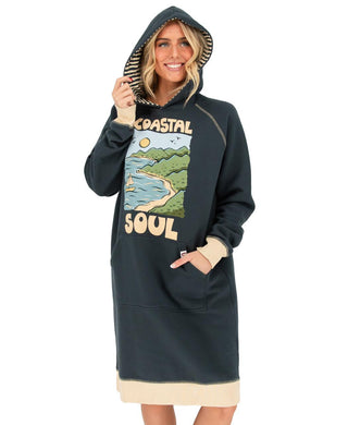 Woman wearing Lazyone Coastal Soul Sleep Hoodie dress in dark navy with tan trim