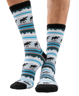 LazyOne Winter Moose crew socks with striped pattern and moose silhouettes on male model
