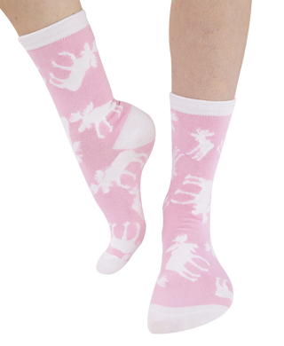 Lazyone Classic Moose Crew Socks in pink with white moose silhouettes on model legs