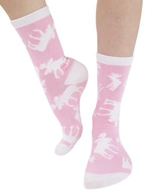 Pink crew socks with white moose silhouette pattern shown on model's legs