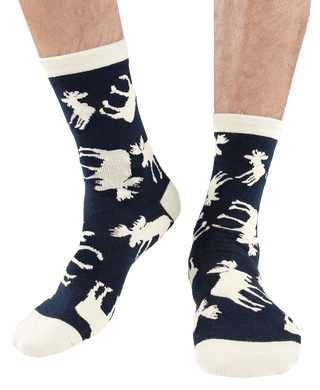 Lazyone Classic Moose Crew Socks in navy blue with cream moose silhouette pattern on male legs