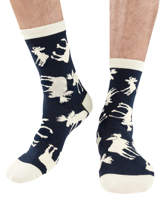 Lazyone Classic Moose Crew Socks in navy blue with cream moose silhouette pattern on legs
