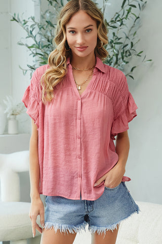 Short Ruffle Sleeve Shirt - Rose - Buttercup Lynne Boutique
