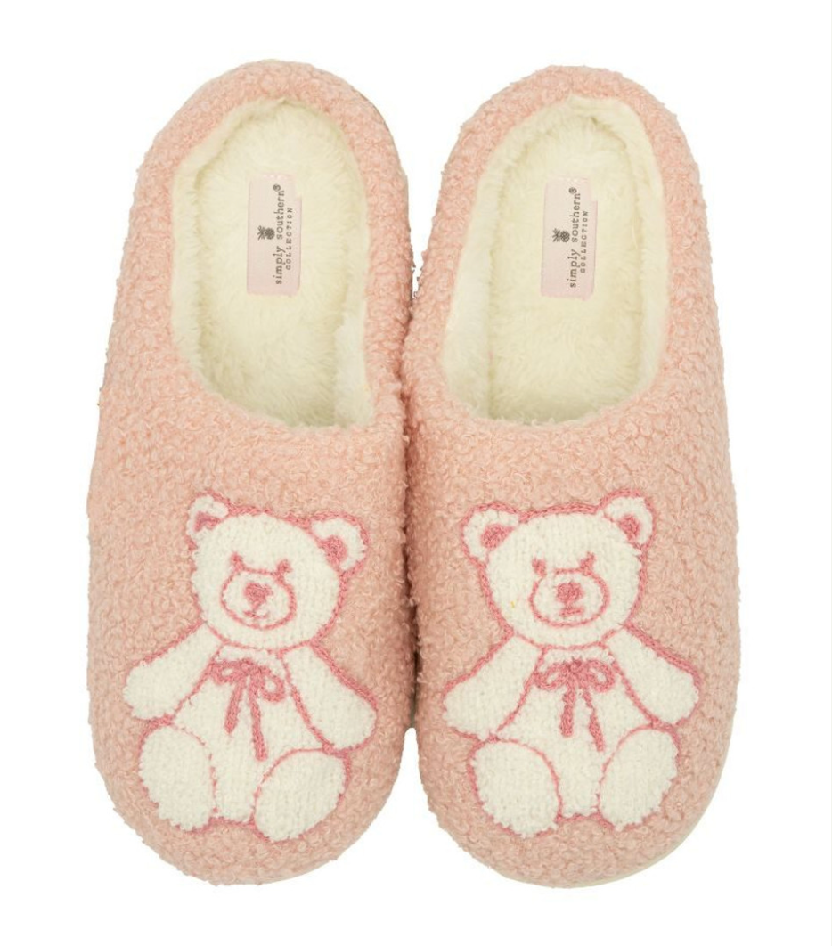 Simply Southern Fuzzy Bear Slippers for Women in Light Pink