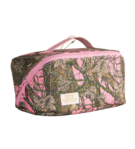 Pink and green camouflage toiletry bag on a white background