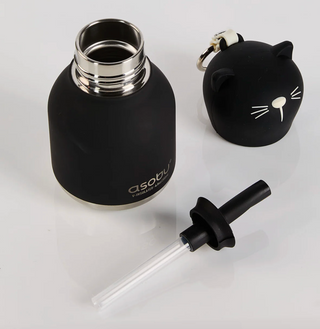 Asobu Mini Bestie Black Cat insulated water bottle with cat face cap and straw