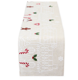 Gingerbread Town embellished table runner with holiday motifs on natural linen background