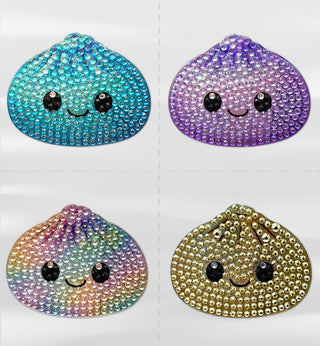 Stickerbeans Surprise Dumpling Multipack showing four rhinestone dumpling stickers in blue, purple, rainbow, and gold colorways