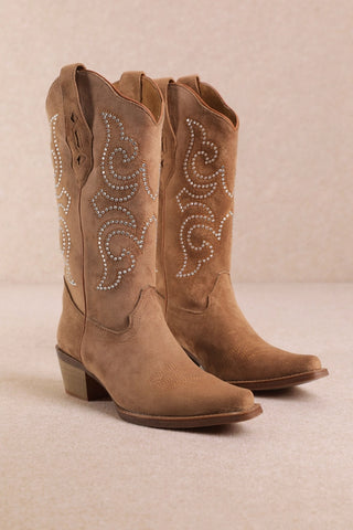 MiiM Sierra tan suede cowboy boots with silver studded scroll detailing and stacked heel