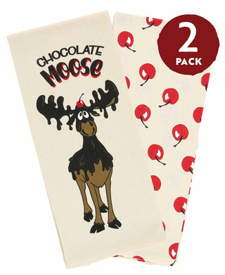 Lazy One Chocolate Moose and cherry print cream cotton kitchen tea towel set of 2