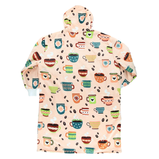 Lazyone Coffee Club Blanket Hoodie in peach with colorful coffee mugs and beans pattern, back view
