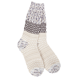 Cream and brown holiday crew socks with Fair Isle dot and stripe knit patterns