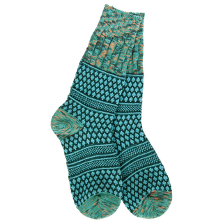 Teal and orange Fair Isle knit crew socks with floral dot pattern
