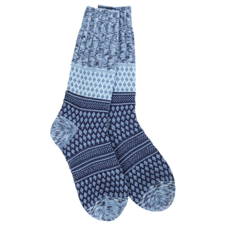 Navy and light blue multi-pattern knit crew socks with Fair Isle design by World