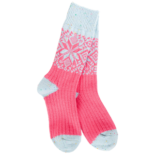 Pink and light blue knit crew socks with Nordic snowflake pattern and confetti speckles