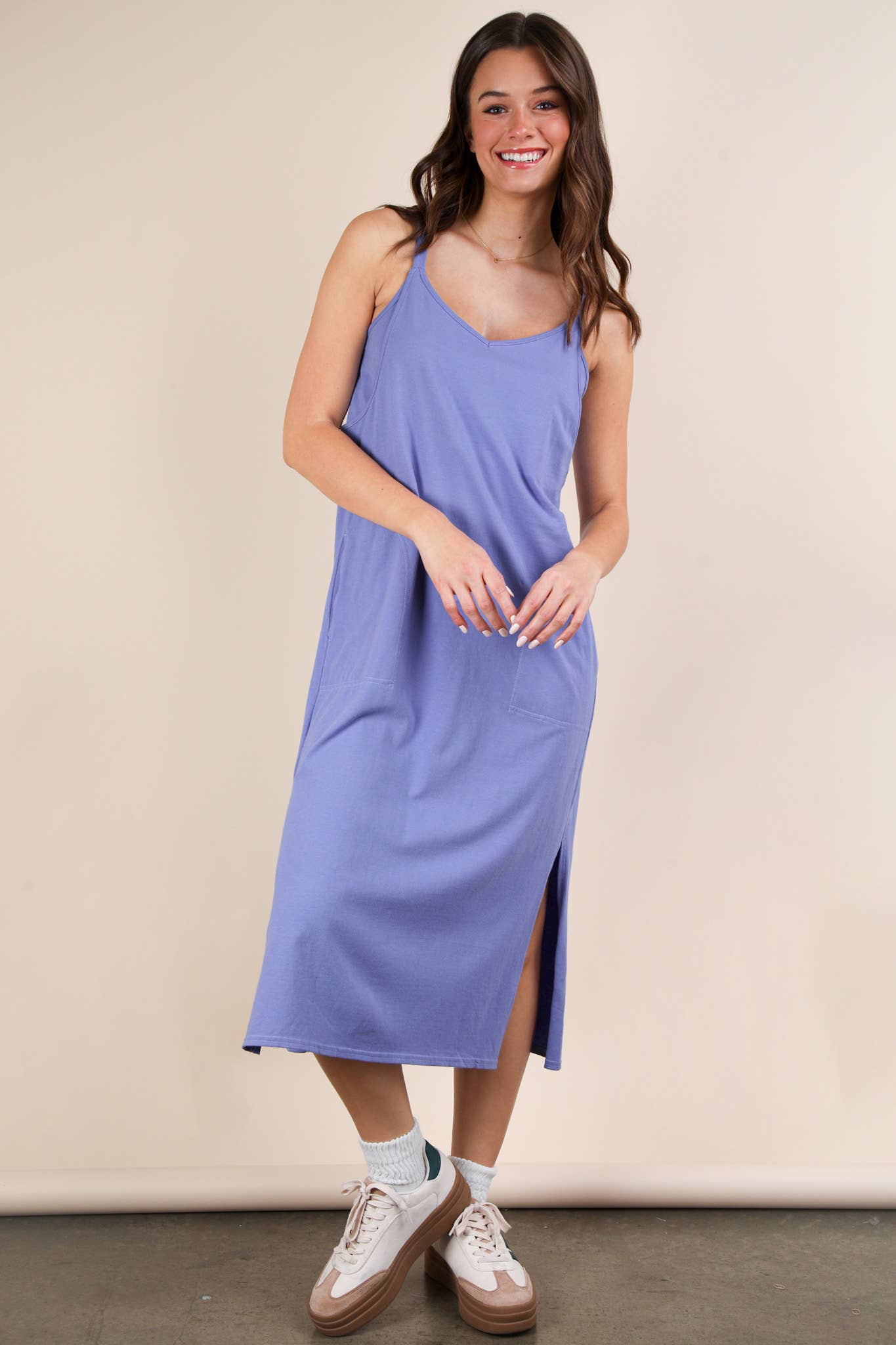 ND31605-V-Neck Sleeveless Casual Comfy Midi Dress - Buttercup Lynne Boutique