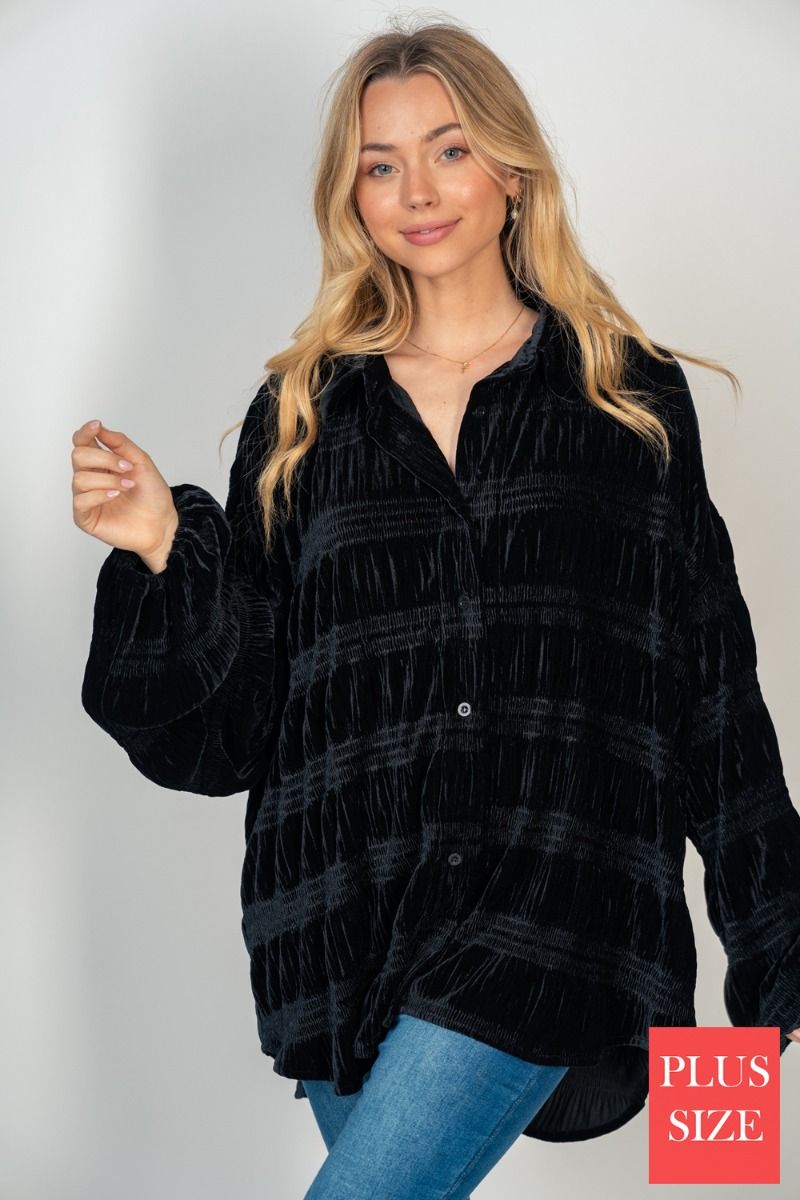 Solid velvet knit top - long-sleeve - Plus Size