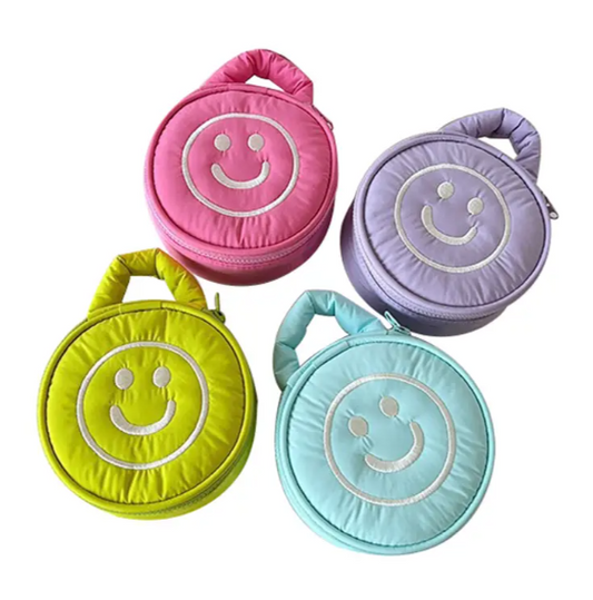 Cosmetic Puffer Bag Happy Face - Pink Lavender Lime Aqua