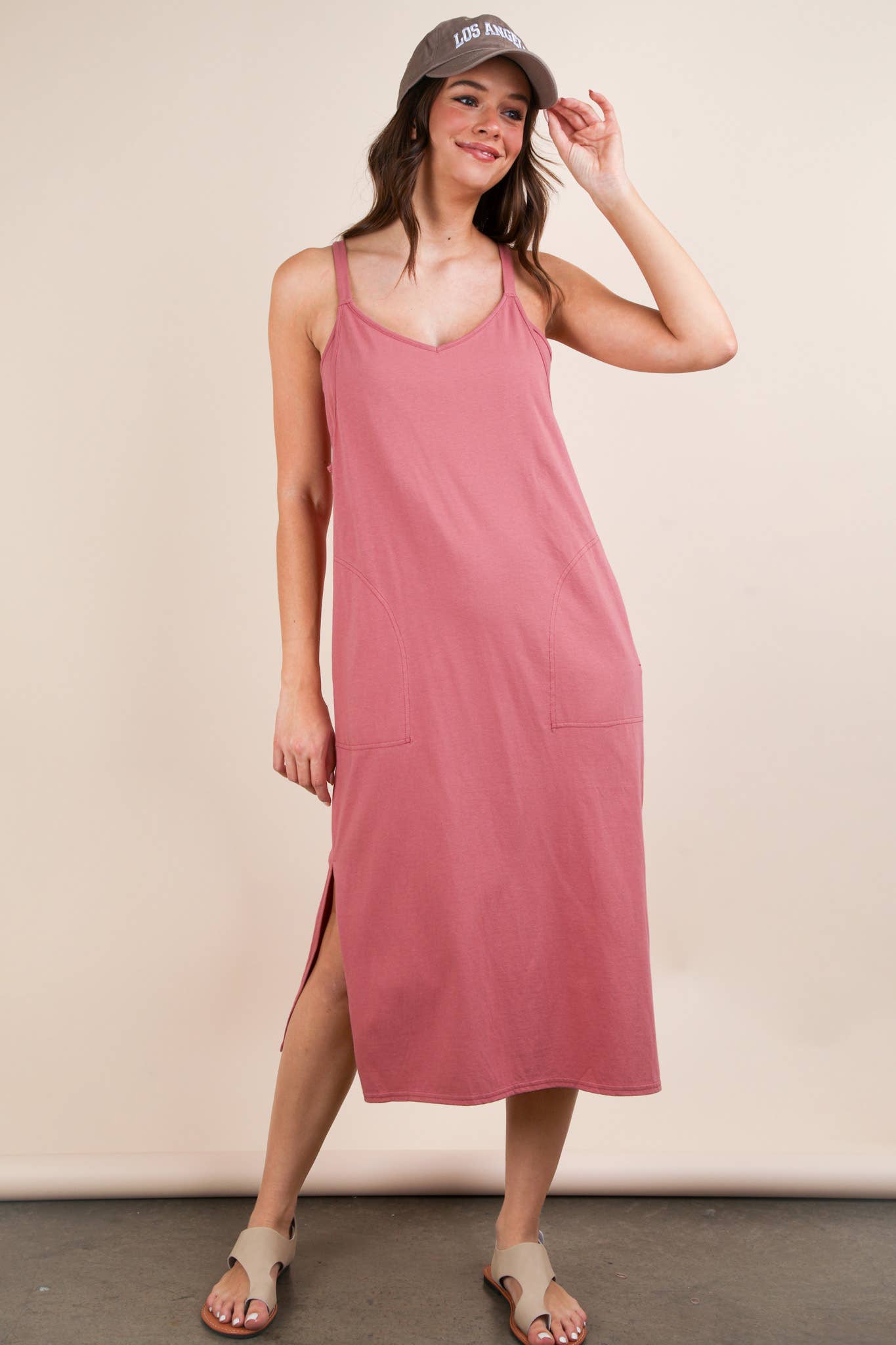 ND31605-V-Neck Sleeveless Casual Comfy Midi Dress - Buttercup Lynne Boutique