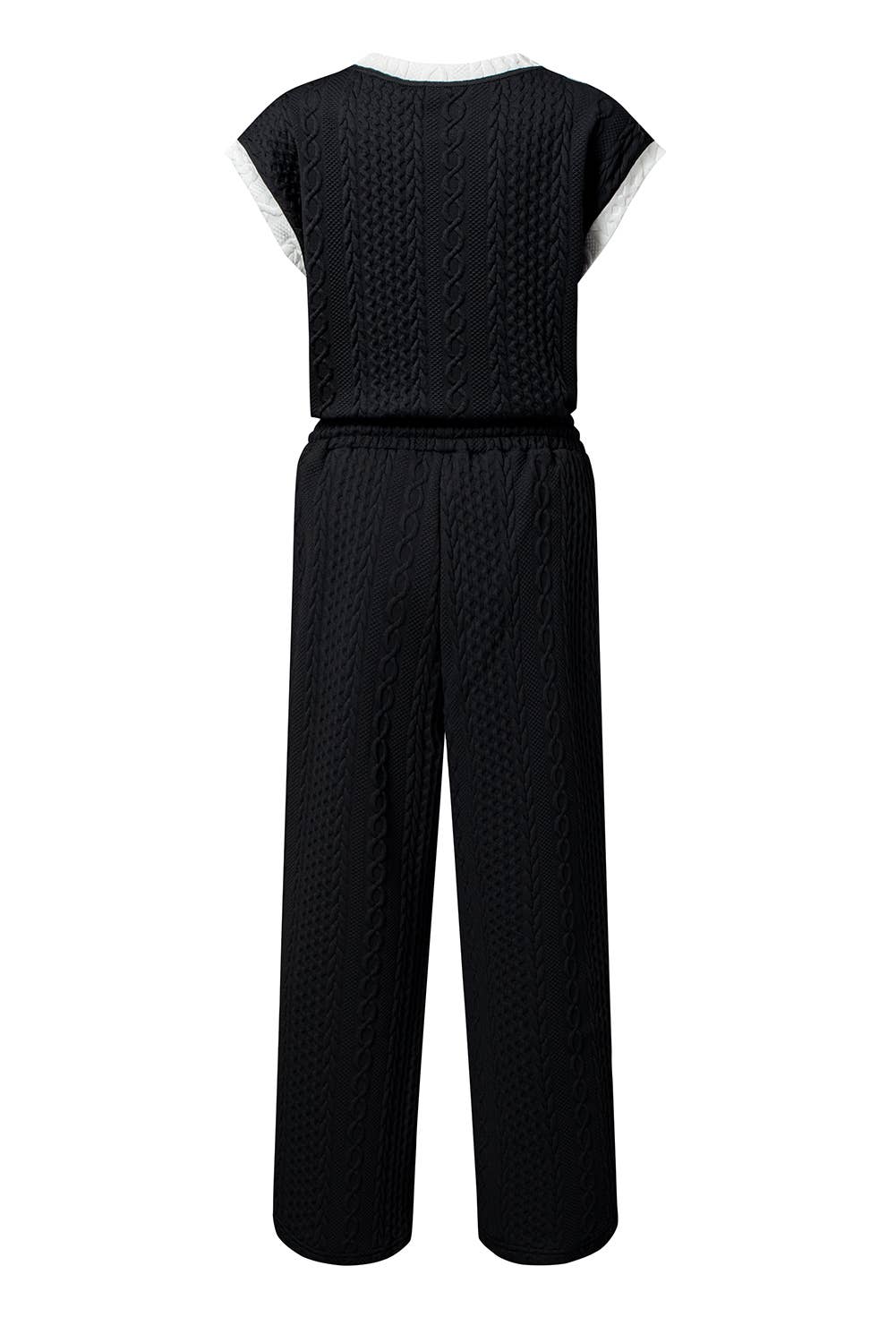 Cable Knit Contrast Trim Short Sleeve Top and Pants Set - Buttercup Lynne Boutique