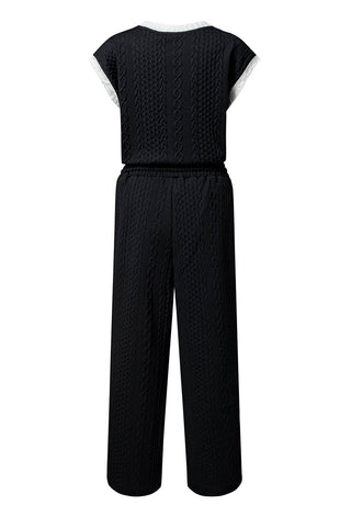 Cable Knit Contrast Trim Short Sleeve Top and Pants Set - Buttercup Lynne Boutique
