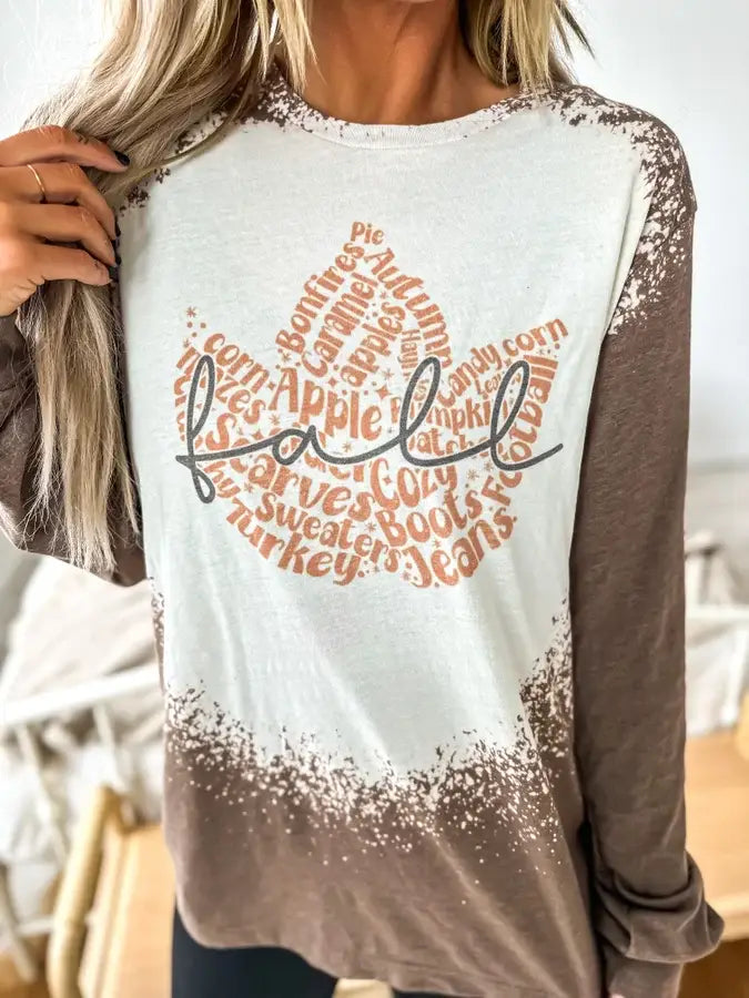 Fall Leaf Bleached Long Sleeve Graphic Tee