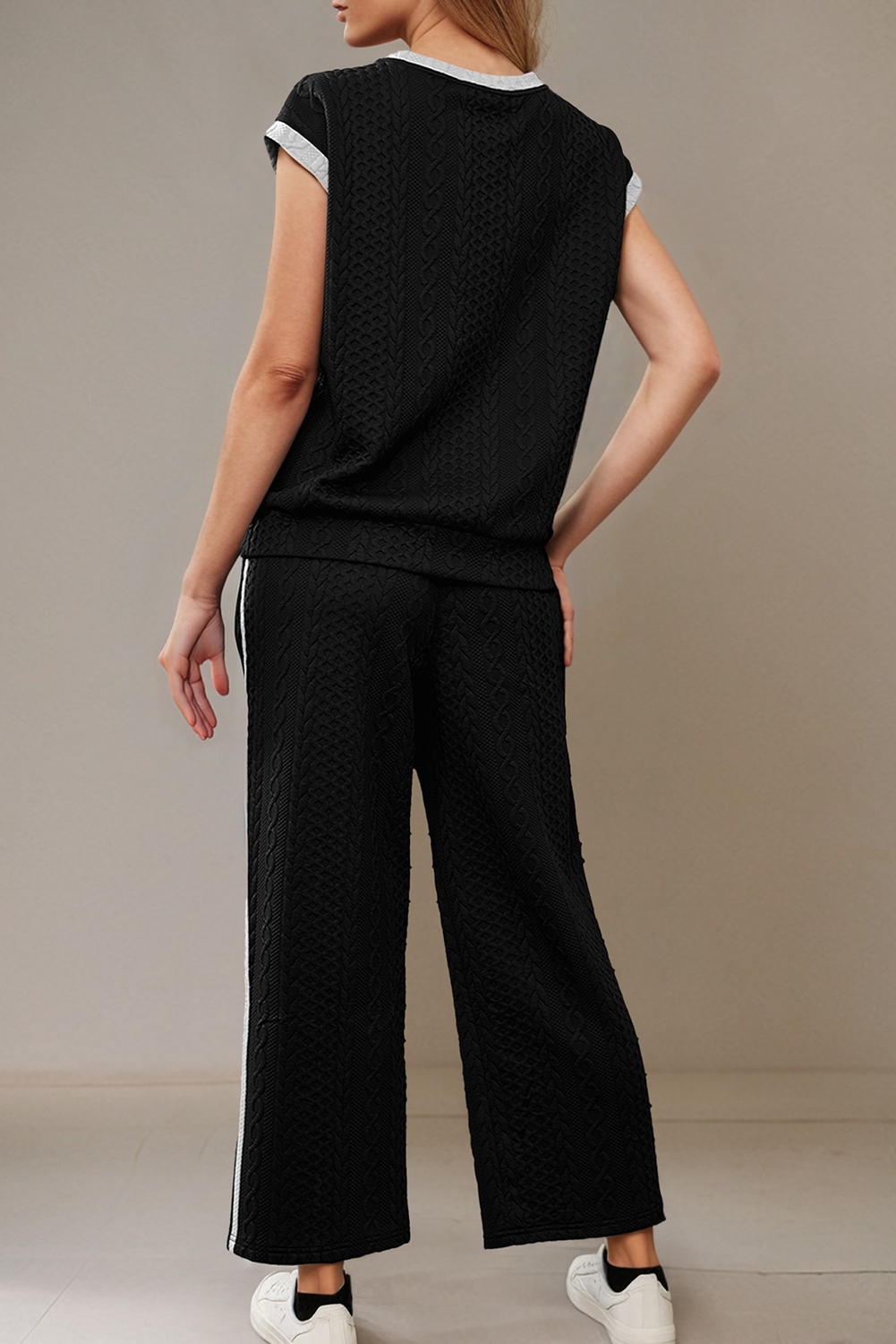 Cable Knit Contrast Trim Short Sleeve Top and Pants Set - Buttercup Lynne Boutique