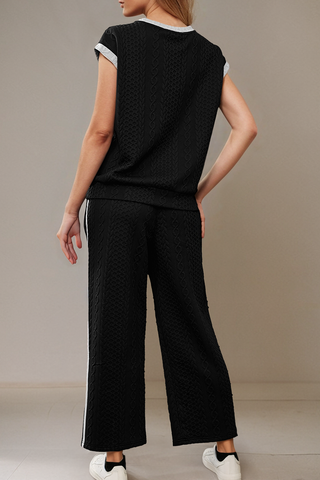 Cable Knit Contrast Trim Short Sleeve Top and Pants Set - Buttercup Lynne Boutique