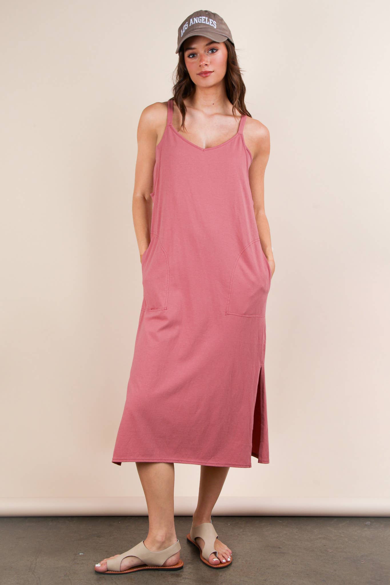 ND31605-V-Neck Sleeveless Casual Comfy Midi Dress - Buttercup Lynne Boutique