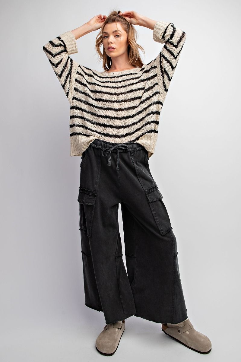 Mineral Washed Cargo Pants - Wide Leg Silhouette - Black - Curvy