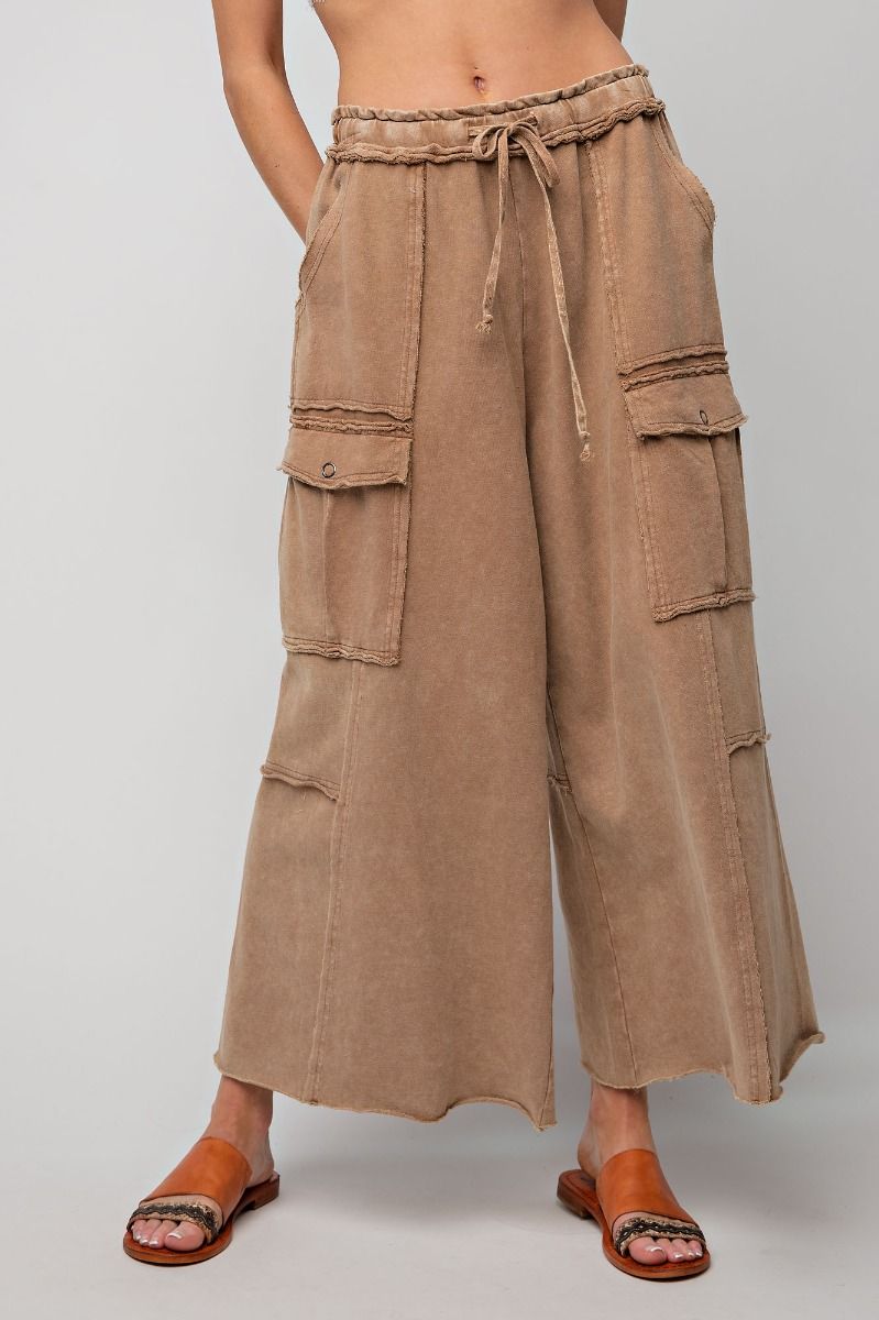 Mineral Washed Cargo Pants - Wide Leg Silhouette - Latte