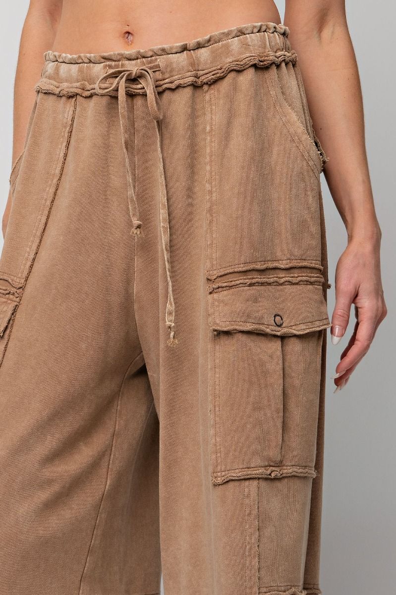 Mineral Washed Cargo Pants - Wide Leg Silhouette - Latte