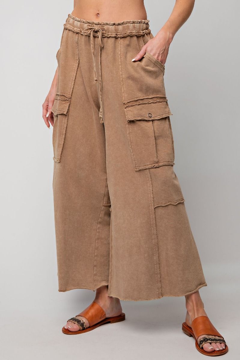 Mineral Washed Cargo Pants - Wide Leg Silhouette - Latte