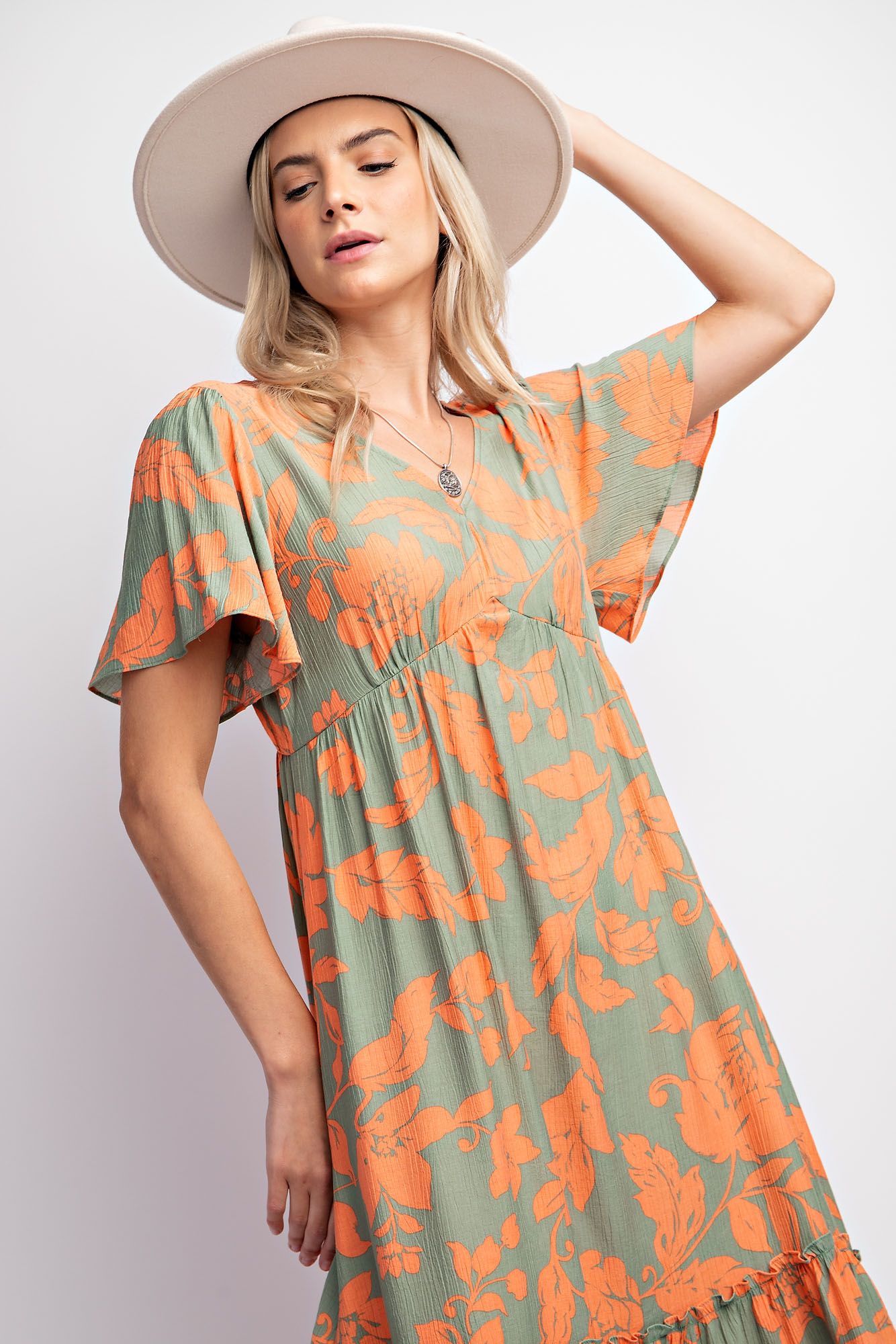 Voile Maxi Dress - Short Sleeve - Sage and Orange Floral