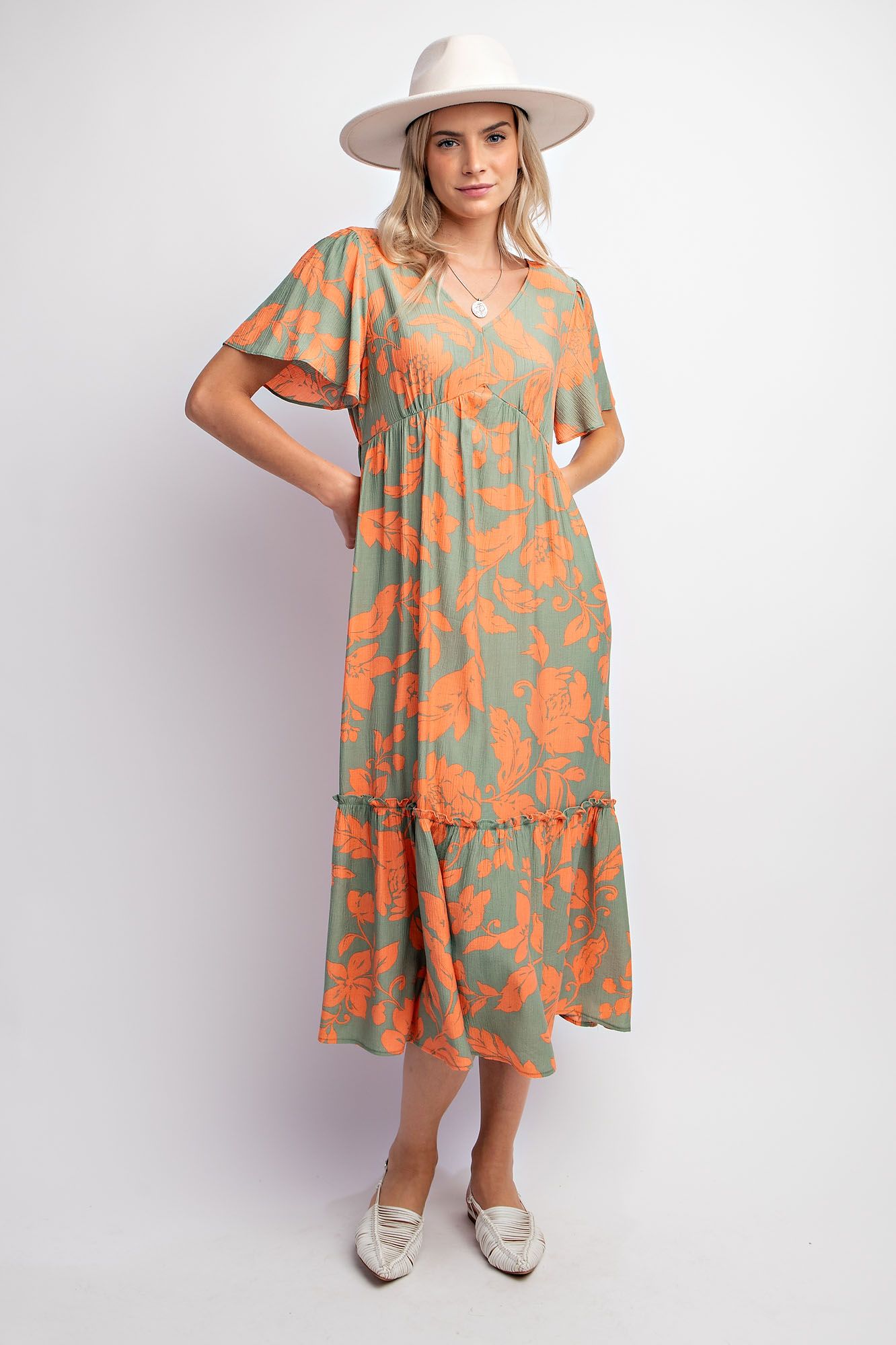 Voile Maxi Dress - Short Sleeve - Sage and Orange Floral