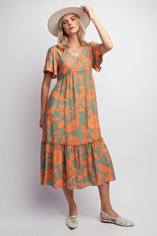 Voile Maxi Dress - Short Sleeve - Sage and Orange Floral