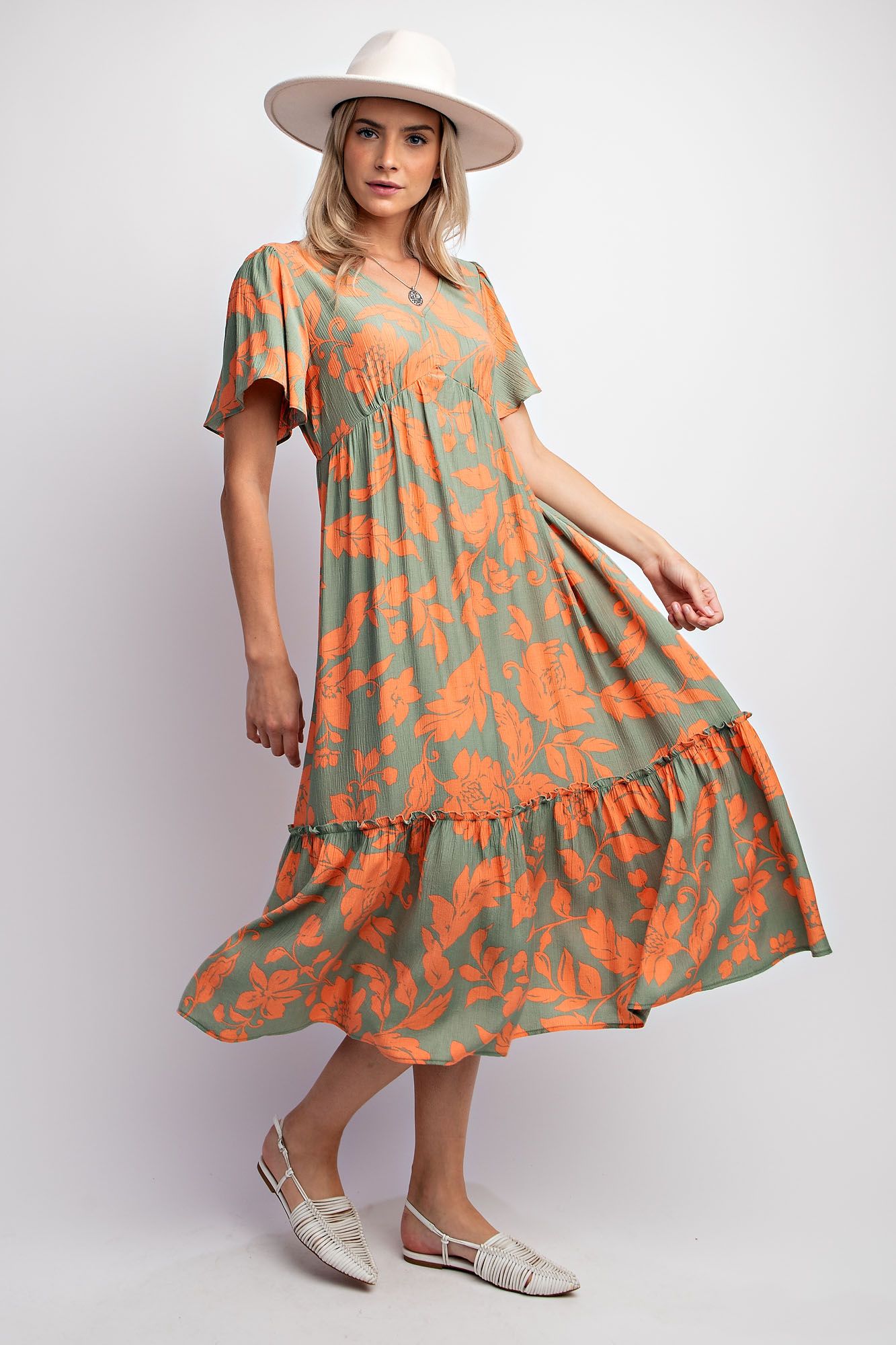 Voile Maxi Dress - Short Sleeve - Sage and Orange Floral