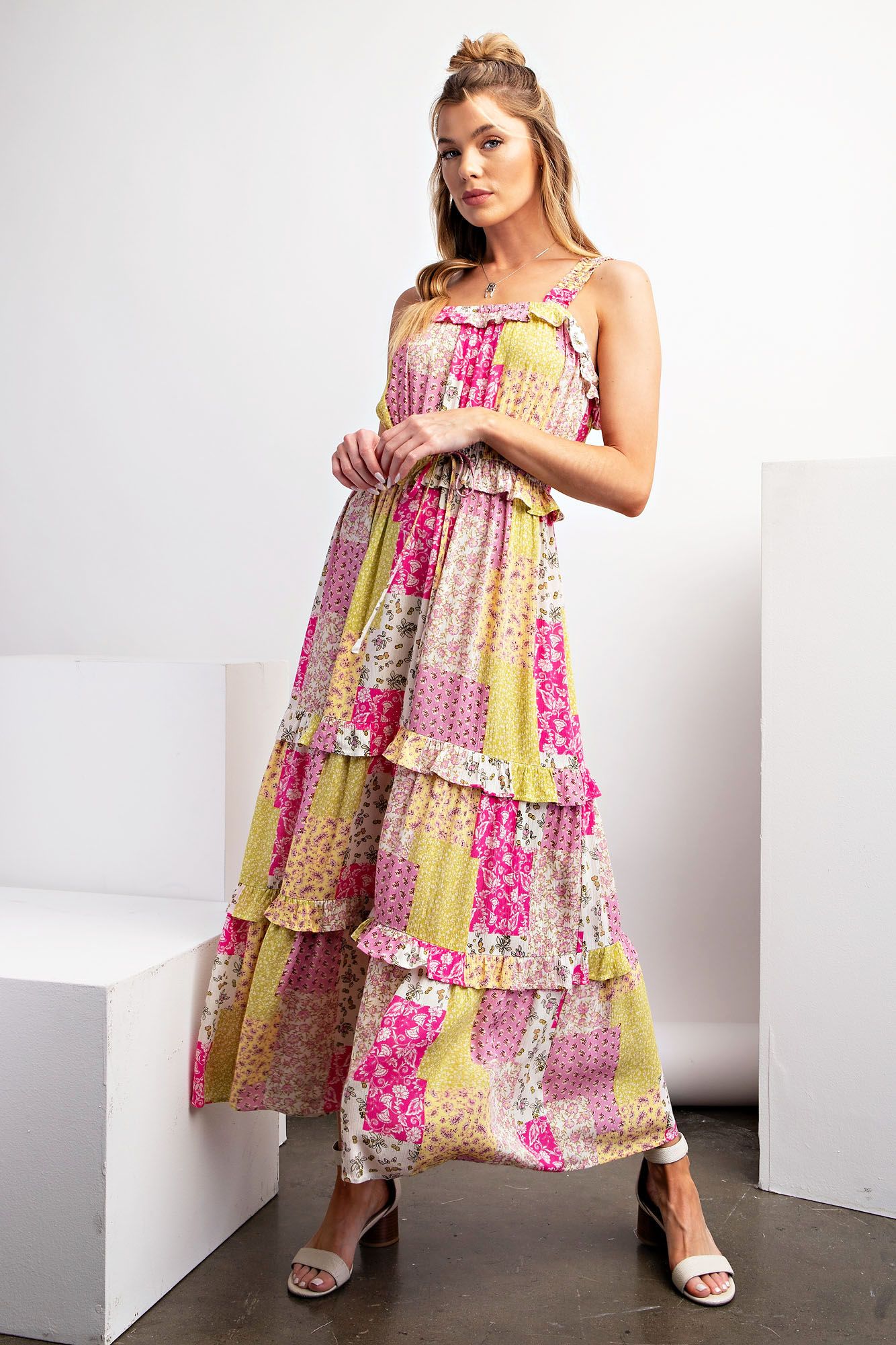 Lime Pink Patchwork Maxi Dress