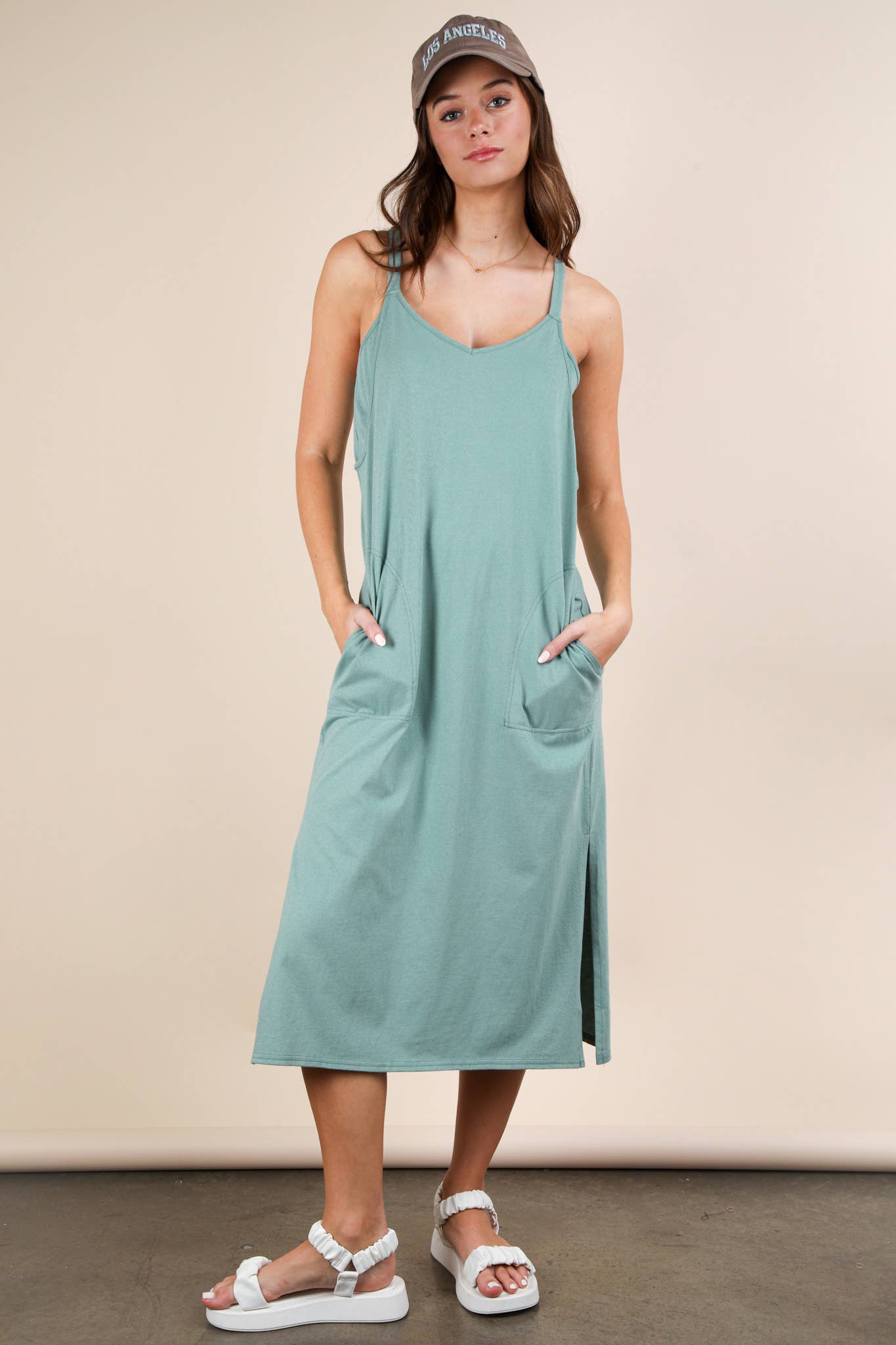 ND31605-V-Neck Sleeveless Casual Comfy Midi Dress - Buttercup Lynne Boutique