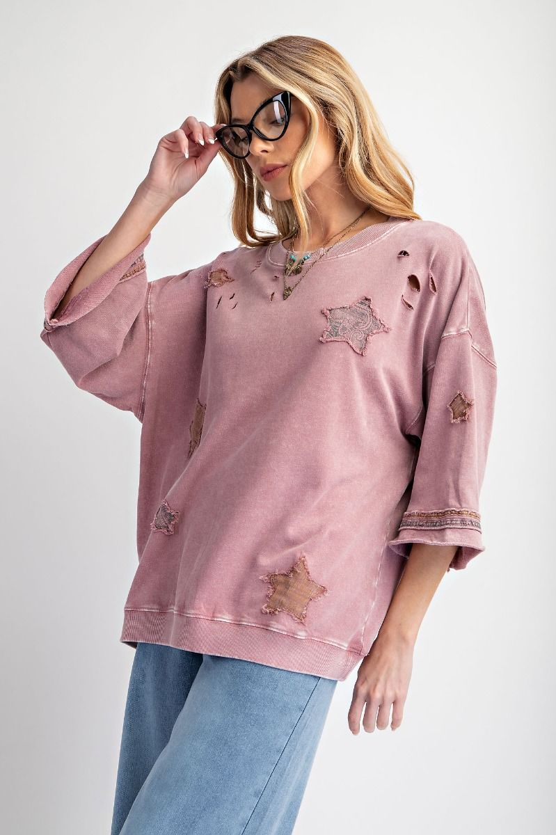 Star Patch Work Distressed Top - Faded Plum