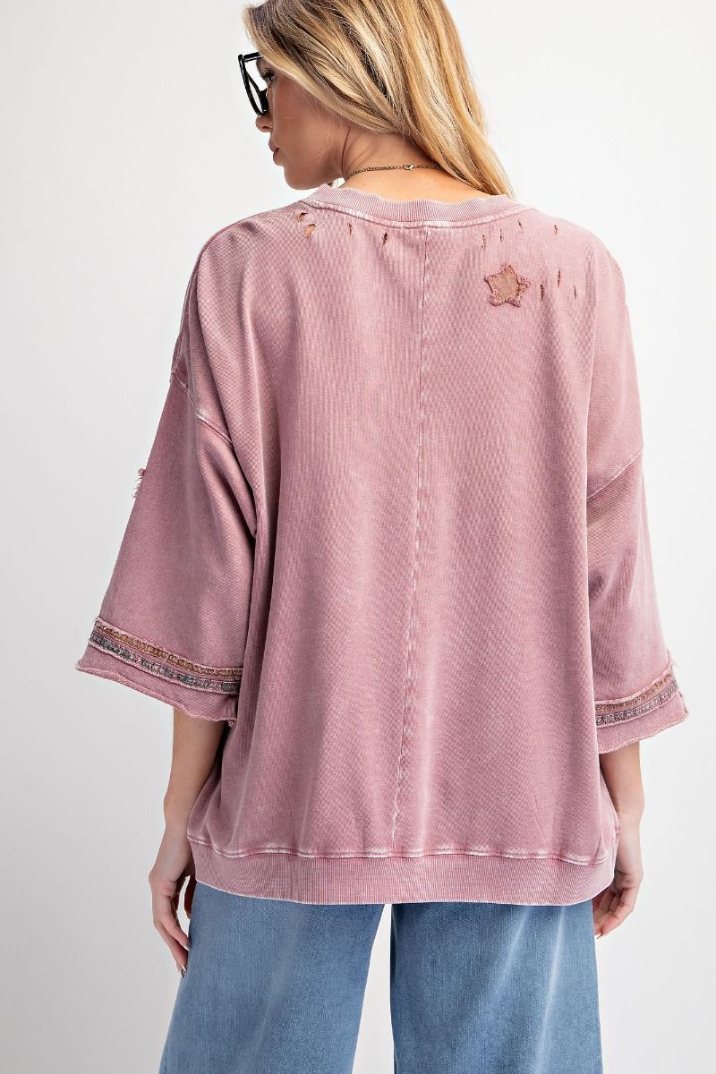 Star Patch Work Distressed Top - Faded Plum