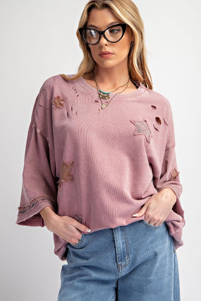 Star Patch Work Distressed Top - Faded Plum