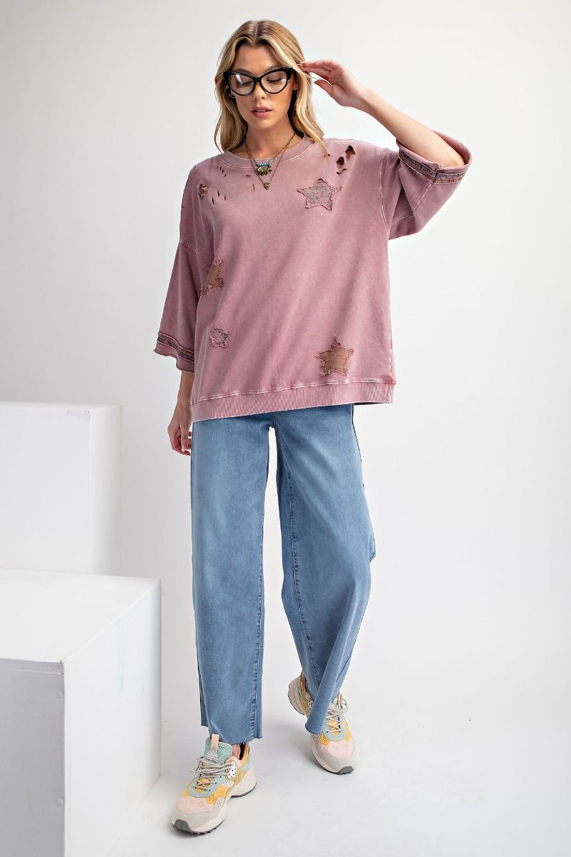 Star Patch Work Distressed Top - Faded Plum