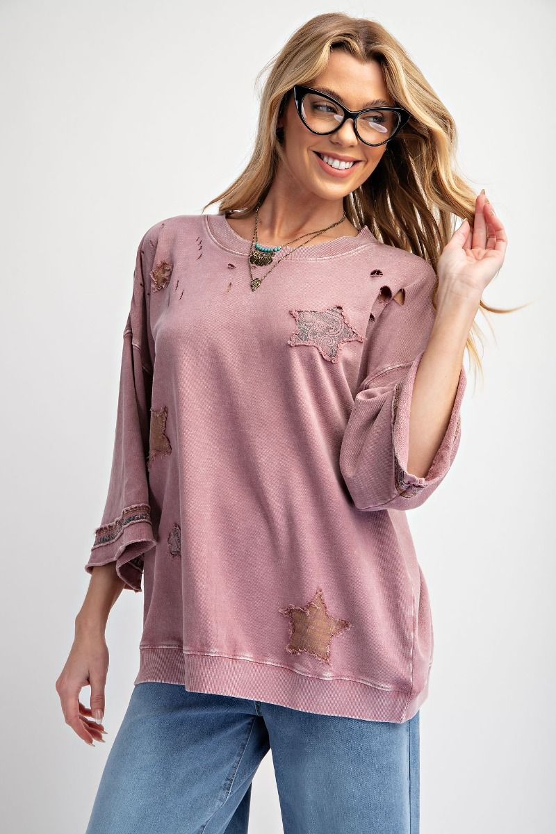 Star Patch Work Distressed Top - Faded Plum