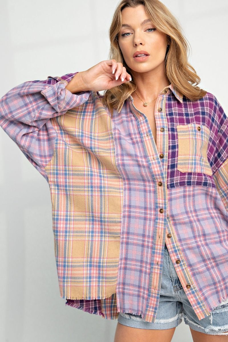 Plaid Mix N Match Button Down Shirt - Lilac Purple