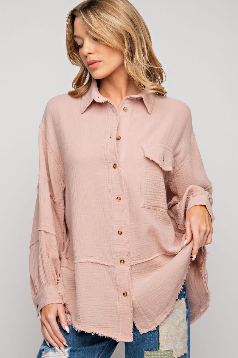 Cotton Gauze Button Down Loose Fit Shirt - PLUS Size