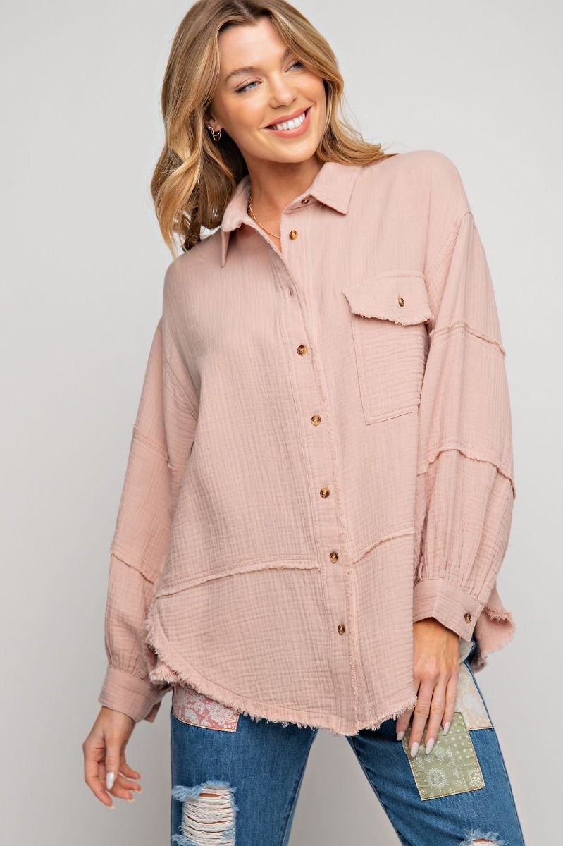 Cotton Gauze Button Down Loose Fit Shirt - PLUS Size