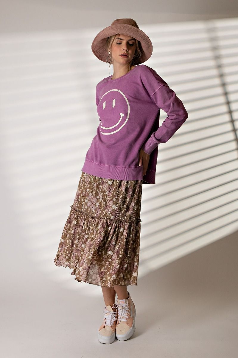 Mineral Washed Smiley Pullover - Plus Size - Magenta