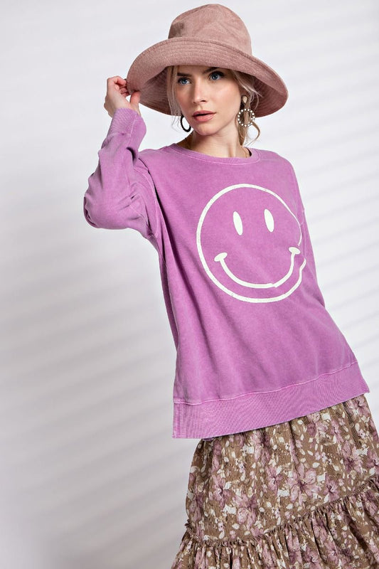 Mineral Washed Smiley Pullover - Plus Size - Magenta